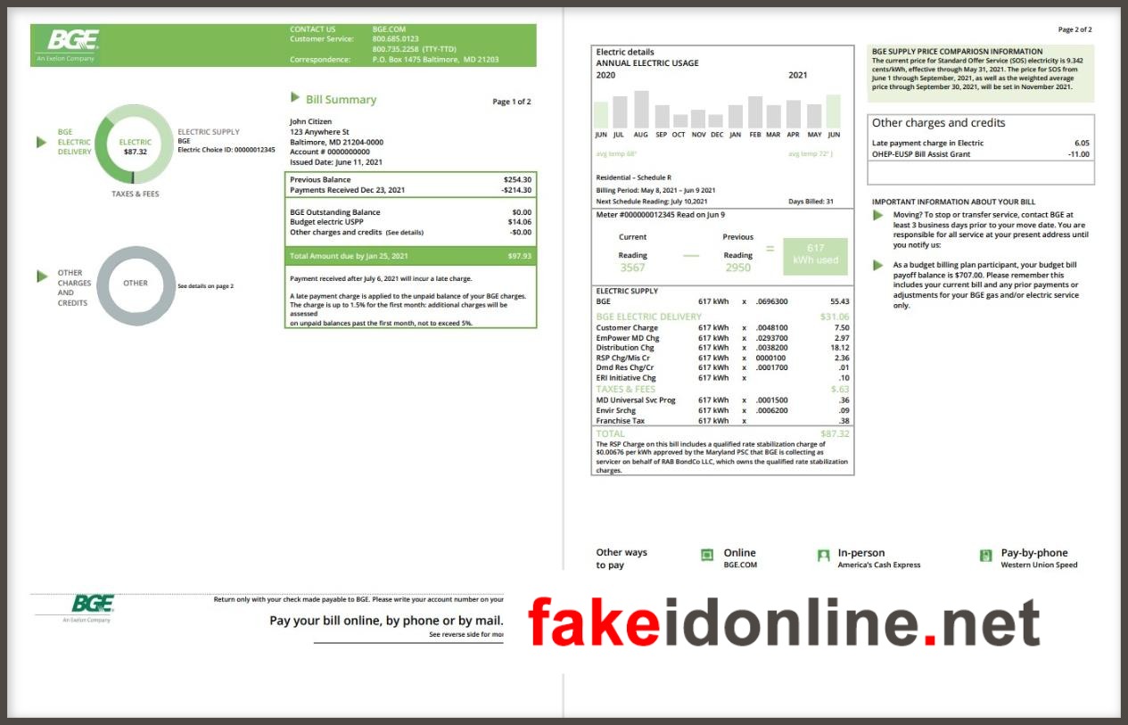 Baltimore Gas and Electric (BGE) - Maryland Utility Bill Template